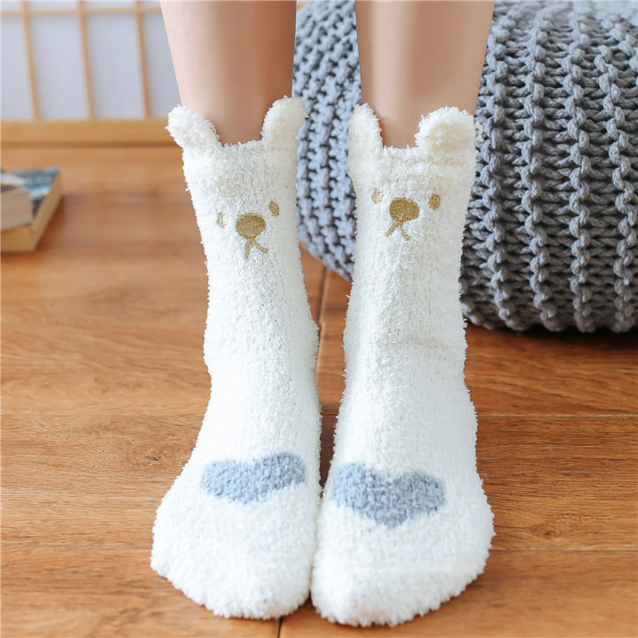 Outdoor wind protection and warmth Fluffy Foot Socks Mid-tube Plus Thickening Warm Coral Fleece Socks