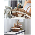 Picnic Basket Handmade Camping Wicker Picnic Basket Shopping Storage Basket with Lid and Wooden Handle. 