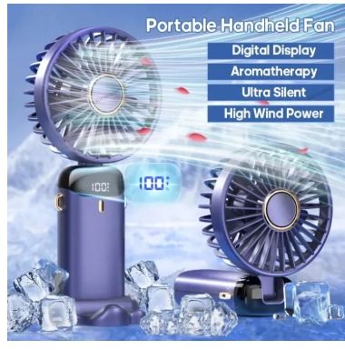 USB Handheld Mini Fan Foldable Portable Neck Hanging Fans 5 Speed Rechargeable Fan with Phone Stand and Display Screen