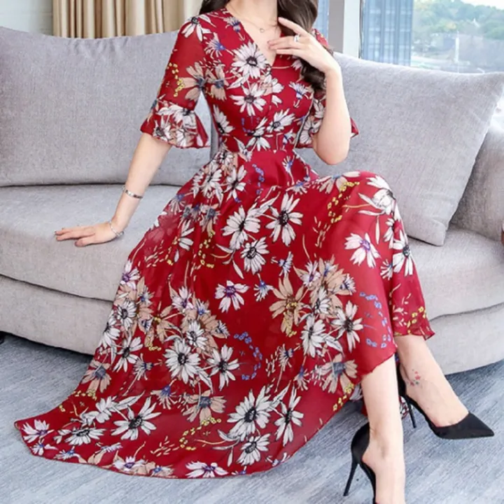 Yfashion%20Summer%20Floral%20Printing%20A-line%20Skirt%20For%20Women%20%20V-neck%20Short%20Sleeves%20Dress%20Flared%20Sleeves%20Midi%20Skirt%20color%20-%20Image%202