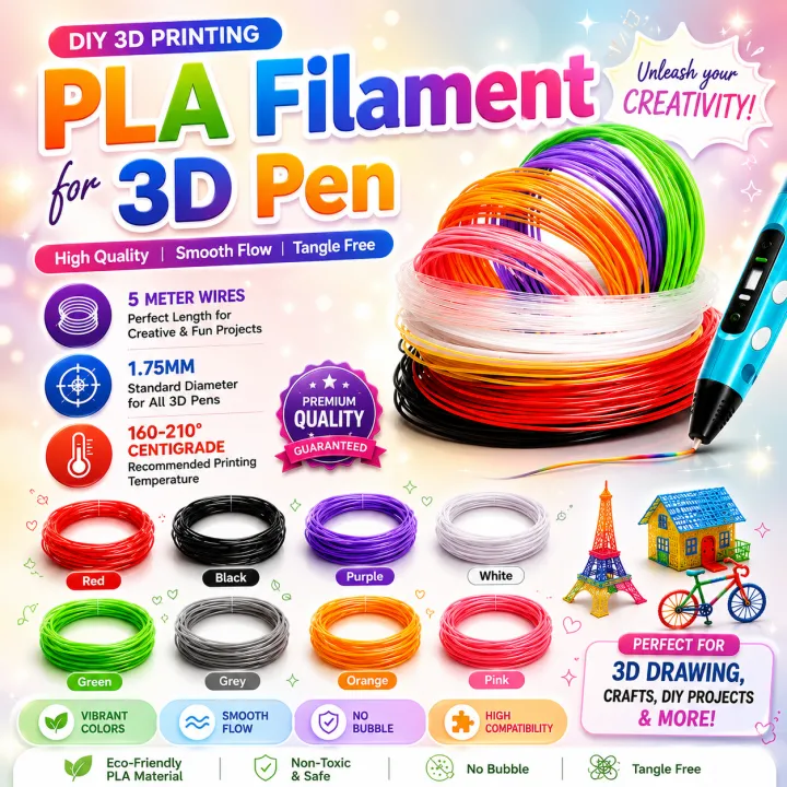 Premium 3D Pen Filament Refill Pack 5 Meter Roll of PLA/PCL 1.75mm ...