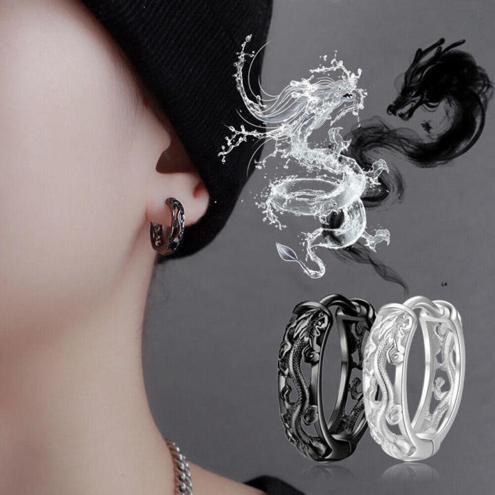 Men's earrings Hoop earrings Edgy earrings Metal earrings Statement earrings Dragon earrings Hollow earrings Round earrings Cool earrings for Street style earrings Clubwear earrings Concert earrings Fashion week earrings Gift for men