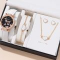 Luxury Women's Fashion Quartz Watch with 6-piece Set - Business Casual Leather Strap Watch, Necklace, Ring, Bracelet, Earrings. 