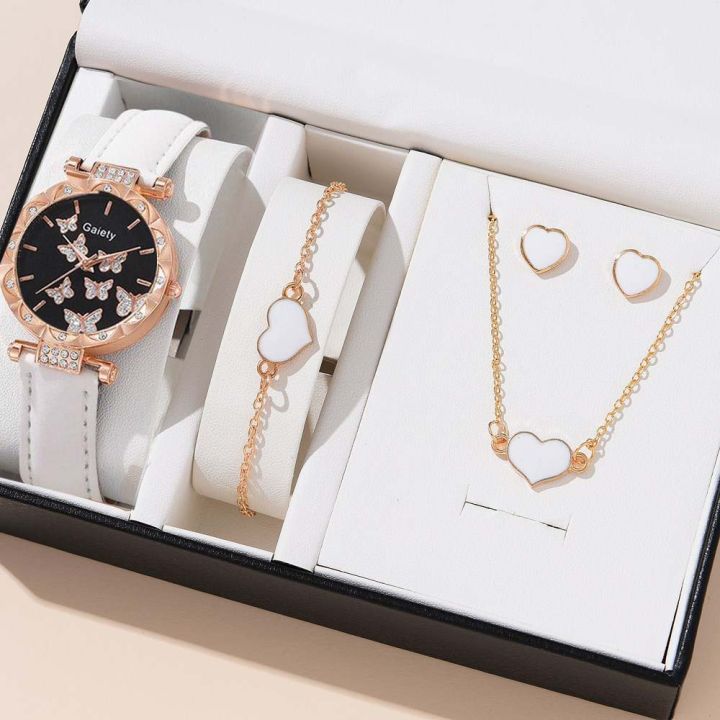 Luxury Women's Fashion Quartz Watch with 6-piece Set - Business Casual Leather Strap Watch, Necklace, Ring, Bracelet, Earrings