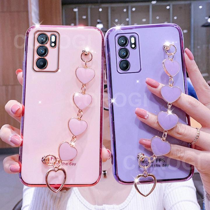 For OPPO Reno6 Pro 5G Back Cover with Love Heart Chain Wrist Strap Fashion Bracelet Shiny Plating Bumper Protective Case Silicone Shockproof Mobile Phone Cases
