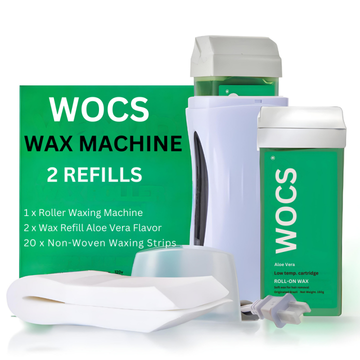 WOCS 4 In 1 Depilatory Wax Heater, Wax Roll On Heater, Wax Heater Depilatory Roll On Heater Waxing With Epilator Machine Cartridge Heater – With 2 Aloe Vera Wax Refills