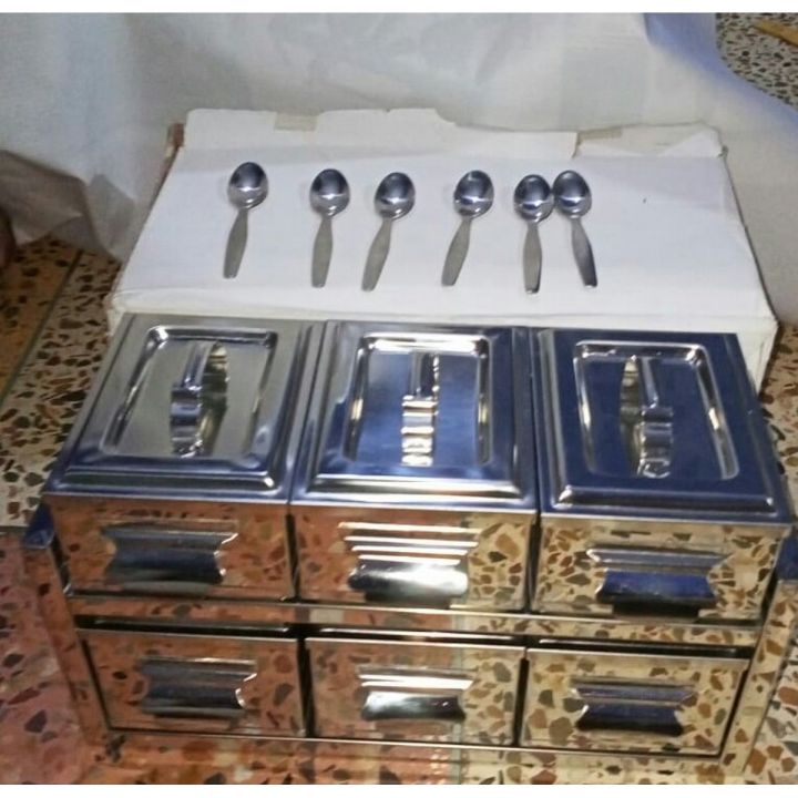 Stainless steel 6 container 6 spoon free spice rack set spice box masala box new product heavy quality medium size food storage kitchen organizer storage