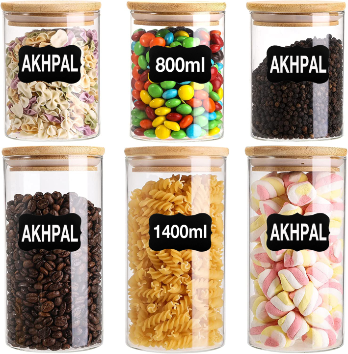 AKHPAL 6 Pack Glass Storage Jars with Airtight Bamboo Lids, 1400ML and 800ML Glass Kitchen Canisters , Clear Food Storage Jar Storage Containers for Coffee Bean, Candy, Sugar, Flour, Pasta, Nuts