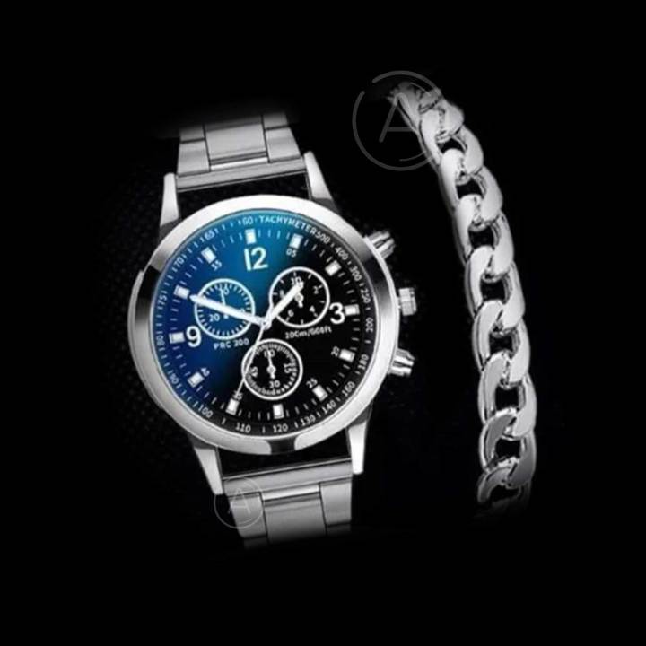 Elegant Men's Watch + Chain Combo Set Stainless Steel Luxury Wrist Watch plus Bracelet for Men