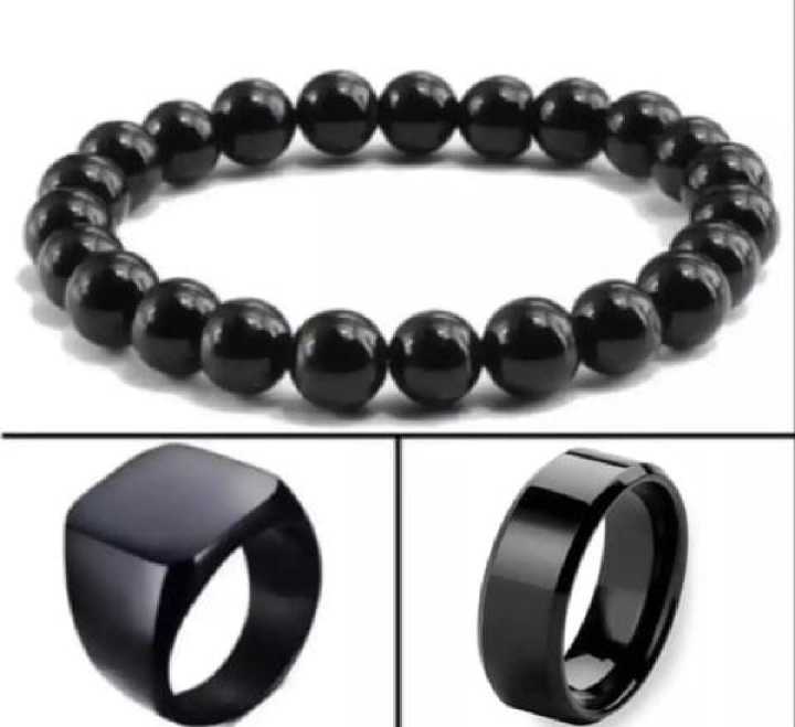 Black Combo Deal 3 In 1 Big Beads  1 Ring & Chala For Men & Boys
