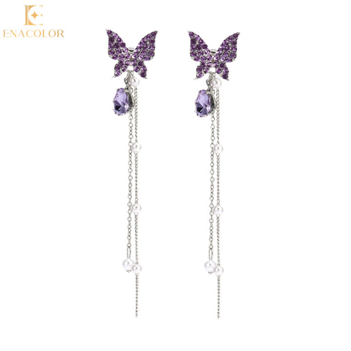 Enacolor Long Dangle Earings Exquisite Purple Crystal Pearl Butterfly Drop Earring