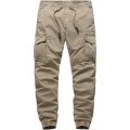 Mens Cargo Trousers in Beige color with Elastic Waist Multi-Pocket Joggers Bottoms Casual Smart Sports Pants. 