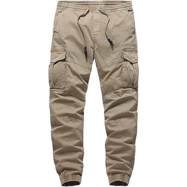 Mens Cargo Trousers in Beige color with Elastic Waist Multi-Pocket Joggers Bottoms Casual Smart Sports Pants
