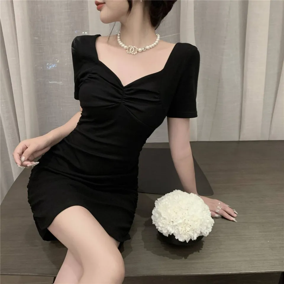 Little black dress women s 2022 summer new French style waist and thin temperament drawstring pleated bag hip small dress Daraz.pk