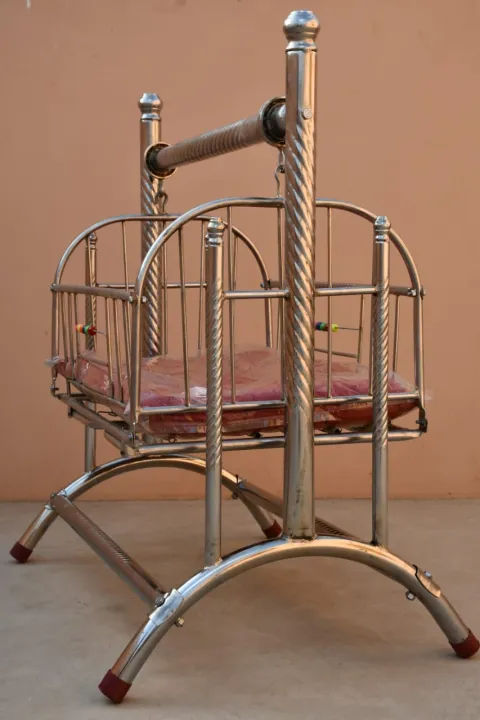 New%20Born%20Baby%20Silver%20Chrome%20Baby%20Swinging%20Cradle%20with%20Soft%20Mattress%20Bed%20-%20Image%202