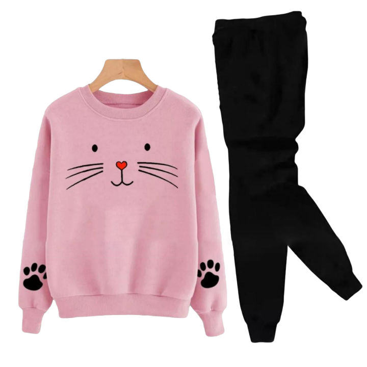 Pink Cat Printed Tracksuit For Girls & Womens - Soft & Comfortable Fleece Fabric Sweatshirt For Girls Hoodies & Trouser For Girls Printed Tracksuit