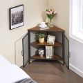 Corner Storage Cabinet Wooden Shelves, Free-Standing Organizer for Compact Space in Living Room/Bedroom/Entryway/Kitchen, Two Mesh Doors, Brown. 