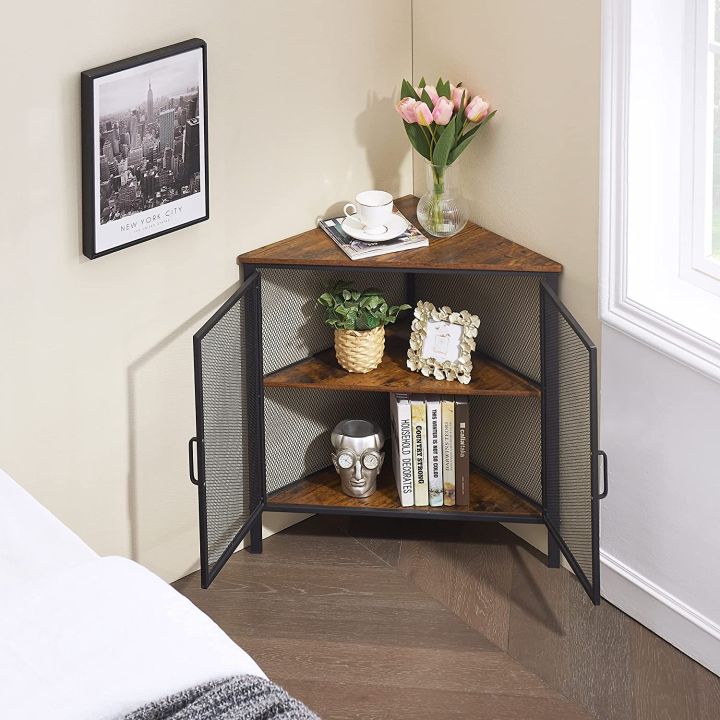 Corner Storage Cabinet Wooden Shelves, Free-Standing Organizer for Compact Space in Living Room/Bedroom/Entryway/Kitchen, Two Mesh Doors, Brown