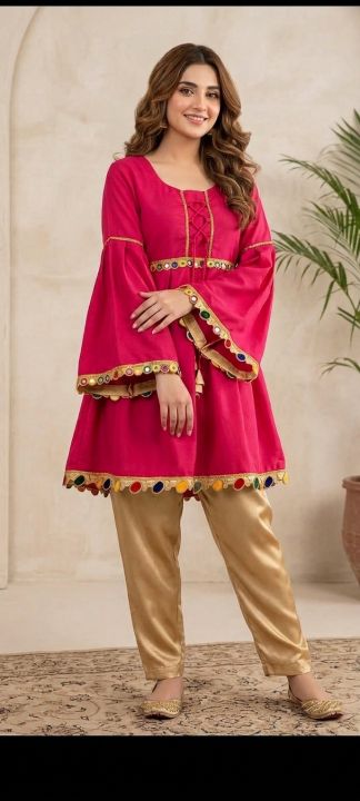 Girls Pink Frock with Golden Trouser - Traditional Mirror Work Short Frock Suit for Women & Girls - Festival & Party Wear Fancy Dress