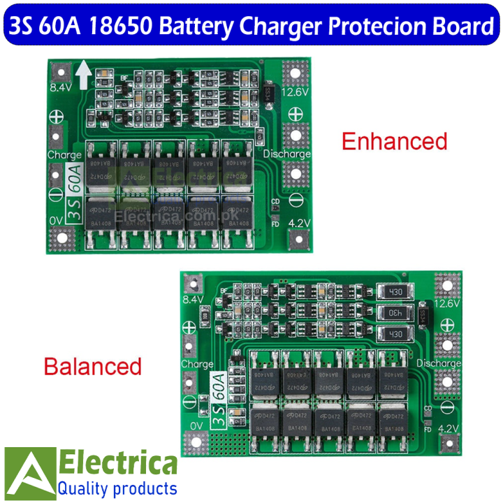 3S 60A Balanced & Enhanced BMS for 18650 Li-ion Battery charging Board  11.1V 12.6V 3s BMS by Electrica