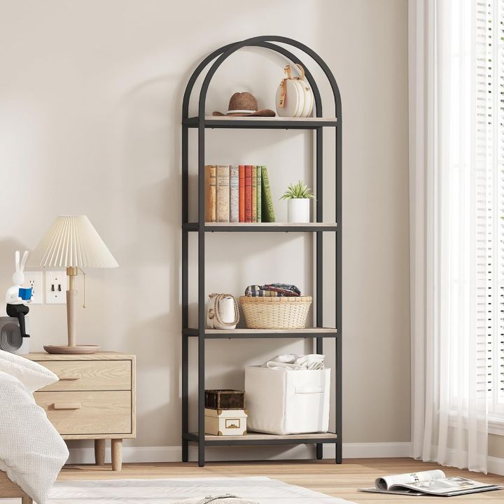 Semoic Industrial Arched Bookshelf With Drawers - 71" Tall, Black Metal Frame & MDF, Freestanding Storage Unit For Living Room Or Office