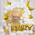 Baby Boy Shower Decoration Set With baby Boy Foil Balloons , Stars and Moon Foil Balloons and White Latex Balloons. 