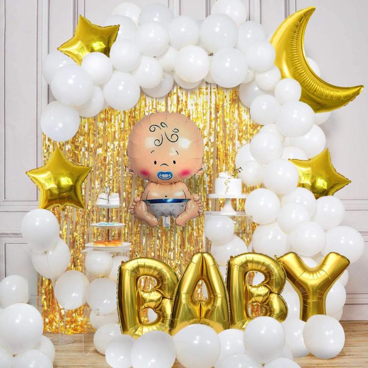 Baby Boy Shower Decoration Set With baby Boy Foil Balloons , Stars and Moon Foil Balloons and White Latex Balloons