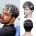 Men Short Straight Wig Ombre Grey Black Synthetic Wig for Male Hair Fleeciness Realistic Natural Toupee Wigs. 