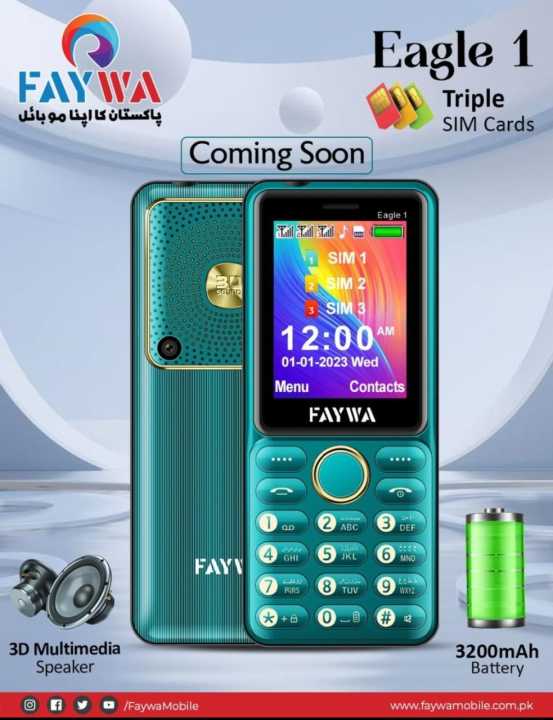 Faywa Eagle 1 - Triple sim - PTA Approved - 3200mAH Battery - 2.4 Inch Display - Auto Call recording - 1000 Contacts Capacity - Wireless FM Radio - Bluetooth - Smart Camera - White & Black List - Audio & Video player - Memory card Supported