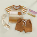 Baby Boys Short Set, Short Sleeve Stripes T-shirt with Elastic Waist Shorts Summer Outfit. 