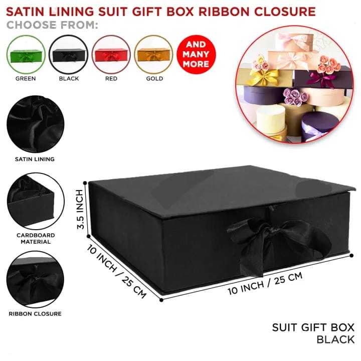 Satin Lining Suit Gift Box With Ribbon Closure Collection, 10 x 10 x 3. ...