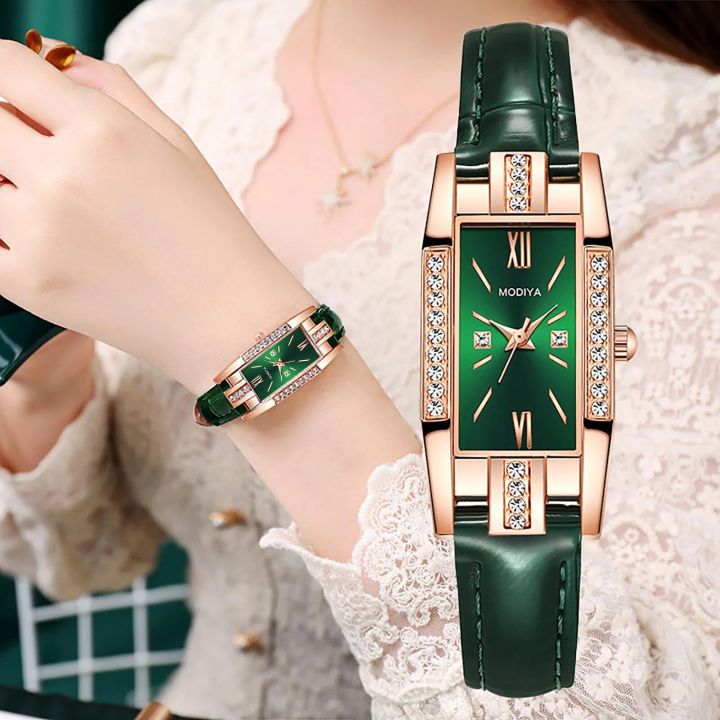 Womens Watches Fashion Square Ladies Quartz Watch Bracelet Set Green Dial Simple Leather Women Watches