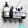Premium Metal Shelf with 6 Hooks - Wall-Mounted Storage Organizer for Room and Bathroom, Sticky Hooks, Spice Rack, Shower Shampoo Holder, Bathroom Corner Frame, Corner Shower Shelf, Iron Shelf Stand - Black/White. 