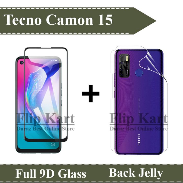 Tecno Camon 15 Full Black 9D Tempered Glass Edge to Edge Full Glue Screen Protector + Back Jelly Protector Clear Soft Film Protector Hydrogel Film Protector For Camon 15