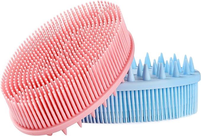 Exfoliating Silicone Body Scrubber, 2 in 1 Silicone Bath and Shampoo Brush, Wet and Dry Scalp Massager/Brush for Skin Care Washing Brush Silica Gel Scrub Baby Scalp Brush Silicone Head Massager Body Bathing Brush Head Cleaning Brush Pet