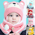【AmbitionmA】 6M-34M Unisex Winter Kids Baby Girls Boys Cartoon Bear Stripe Knit Hat Cap Woolen Yarn Scarf Earmuff Warm keep Set for outdoor. 