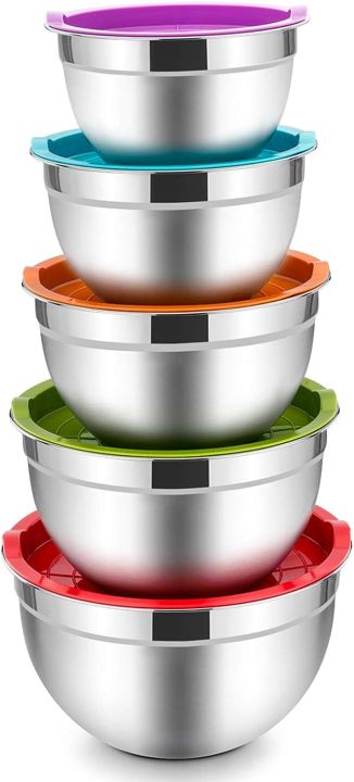 5-Piece Stainless Steel Mixing Bowl Set with Colorful Leak-Proof Lids, Versatile Kitchen Storage Containers
