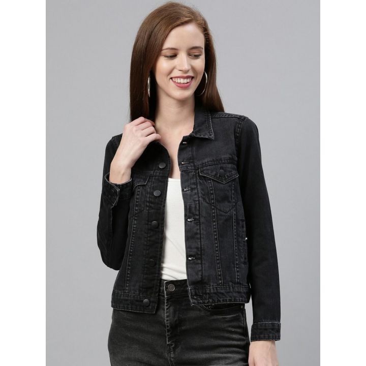 CLOTHING ZHEIA Women Black Solid Denim Jacket Daraz.pk