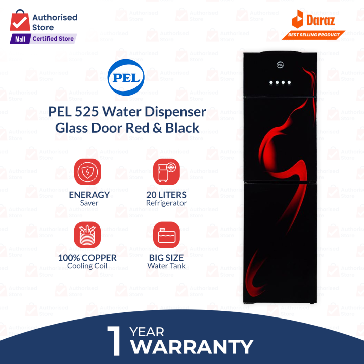 Pel Water Dispenser Glass Door | Model  PWD 525 GD | Red Blaze & Black - Steeliness Steel Water Tank | Big Size 5-Liters|  with Rerigerator-1 Year Warranty
