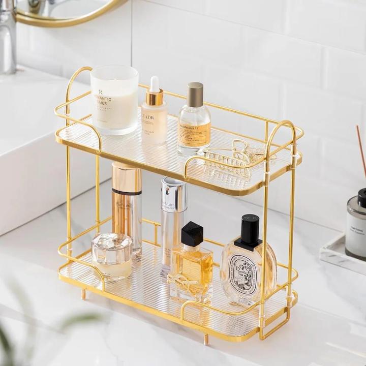 Elegant 2-Tier Bathroom Organizer: Luxe Makeup & Perfume Storage with Marble & Glass