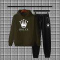 Black Rolex printed 2pc warm fleece pullover Tracksuit For Mens & Boys - Soft & Comfortable Fleece Fabric Hoodies For Mens Kangaroo Hooded Sweatshirt & Trouser For Mens Printed Tracksuit. 