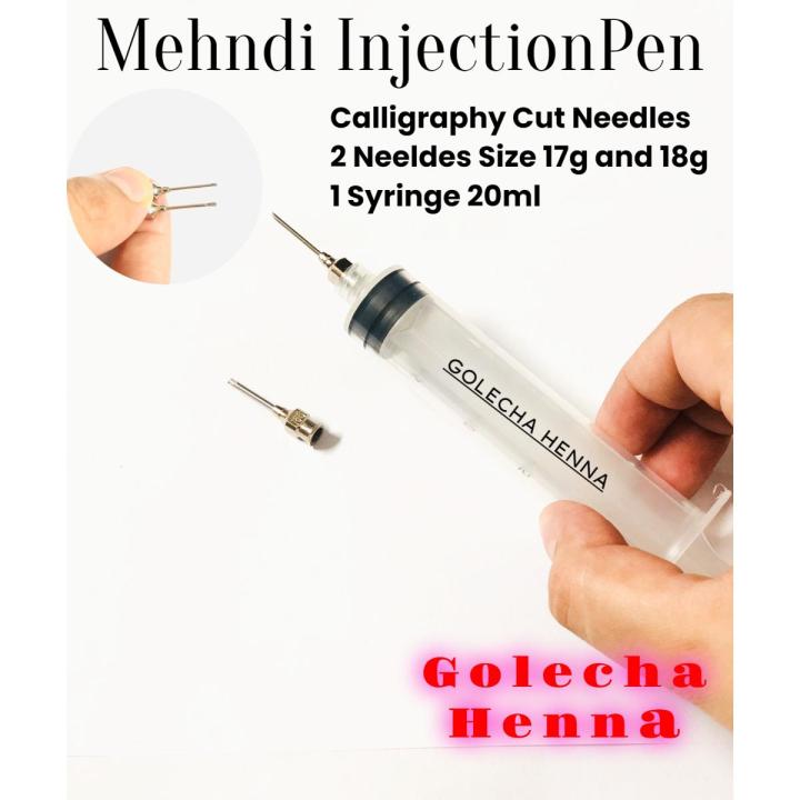 Mehndi Injection Pen With 1 Injection And 2 Needles Size 17g And 18g calligraphy Cut Shape Best For Creating Beautiful Mehndi Designs , Liquid Henna Mehndi Pen