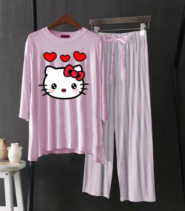 Babyhug 100% Cotton Half Sleeves Night Suit Kitty Print - Pink main image 1