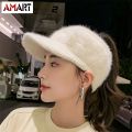 Ponytail Cap Women Winter Plush Knitted Pony Cap Hollow Top Fuzzy High Bun Visor Golf Cap for Outdoor. 