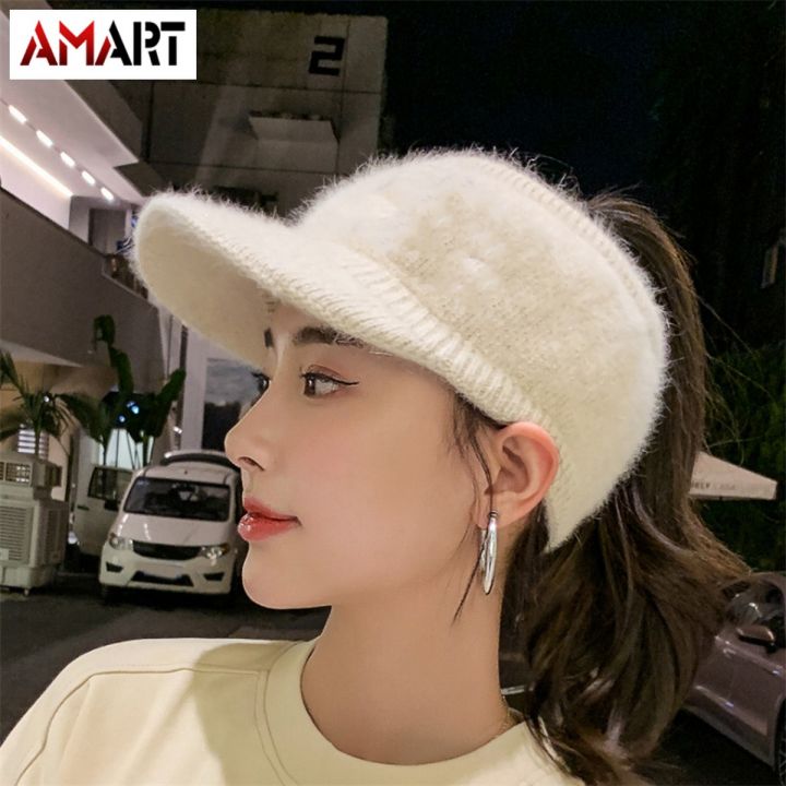 Ponytail Cap Women Winter Plush Knitted Pony Cap Hollow Top Fuzzy High Bun Visor Golf Cap for Outdoor