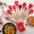 KGC-12 Pcs Silicone Cooking Utensils Set - With Wooden Handles and Bucket - BPA Free - Heat Resistant - Nonstick - Kitchen Cookware Utensils Tools Set - 6 Colors. 