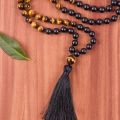 ST0613 Mens Mala Beads 108 Necklace Meditation Beads Tiger Eye Black Onyx Necklace Knotted Tassel Necklaces Mens Jewelry Gift. 