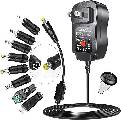 SoulBay 12V Power Supply 24W Universal Charger Adjustable to DC 9V 7.5V 6V 5V 4.5V 3V 12 Volt 1A 1.5A 2A AC Adapter Replacement Cord for LED Strip Light Security Camera Speaker Router Keyboard, 5 FT uk import