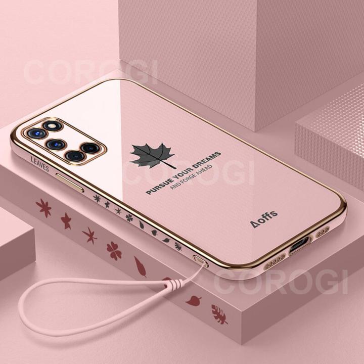 For OPPO A52 Cover + Wrist Strap Fashion Shiny Maple leaf Plating Square Bumper Phone Case Soft TPU Silicone Shockproof Protective Back Cover
