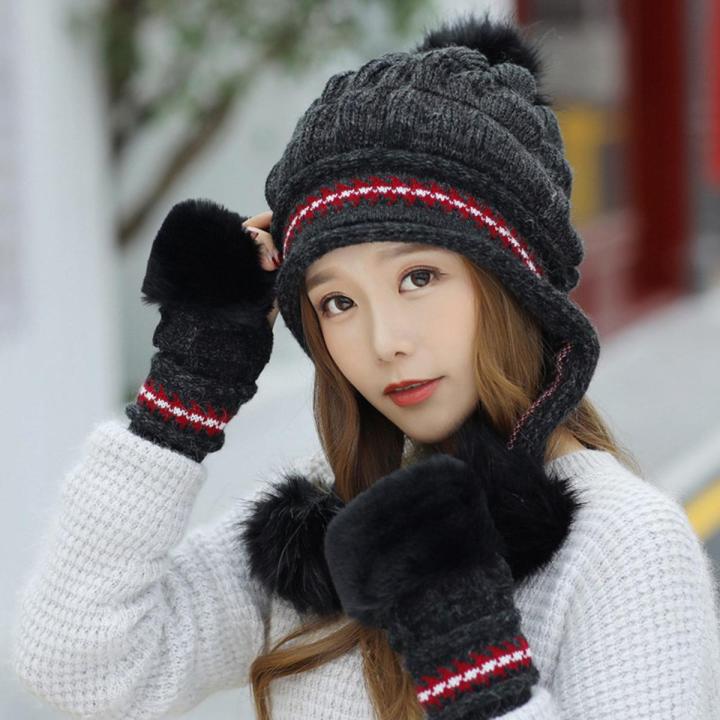 Warm Women Cap Gloves Set Winter Hat Gloves Sets Fashion Windproof Ear Flap Beanie Bonnet Daraz.pk